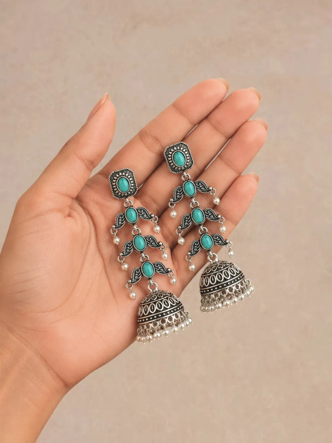 Silver Oxidised Turquoise Lyered Long Jhumka Earrings