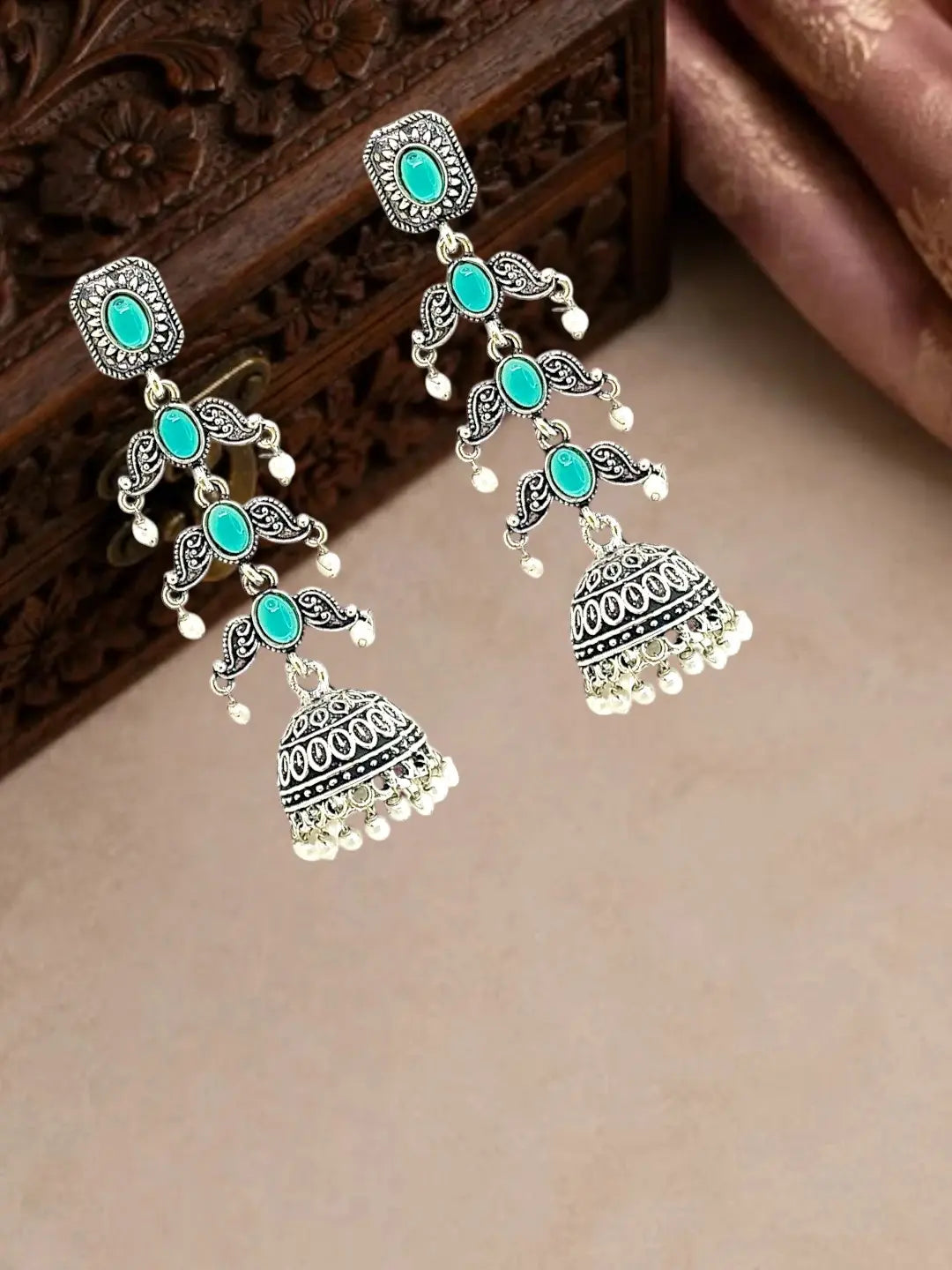 Silver Oxidised Turquoise Lyered Long Jhumka Earrings