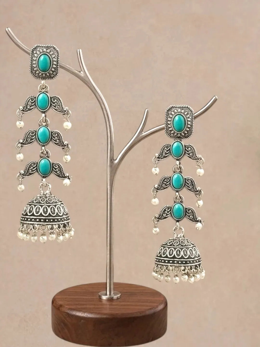Silver Oxidised Turquoise Lyered Long Jhumka Earrings