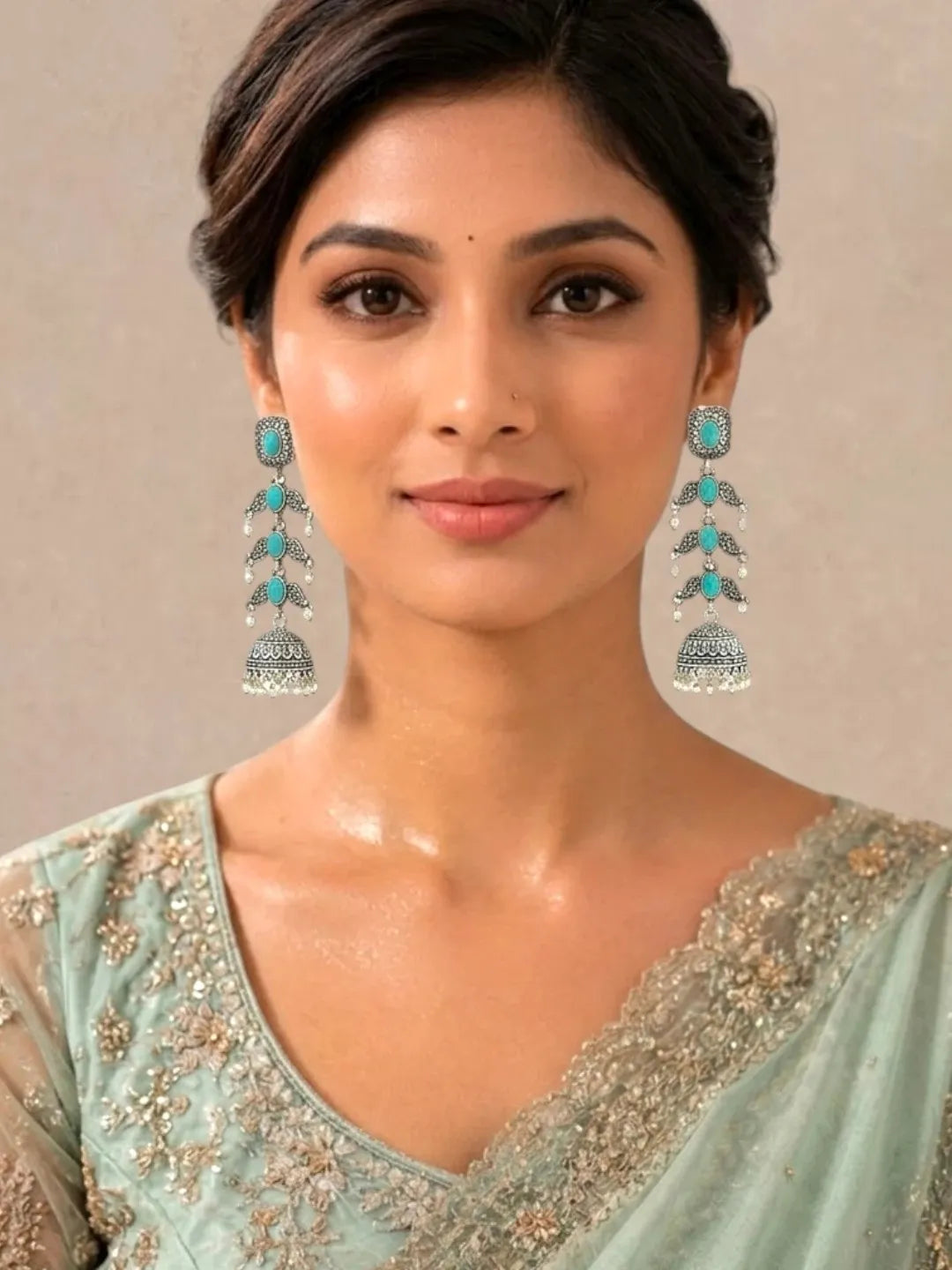 Silver Oxidised Turquoise Lyered Long Jhumka Earrings