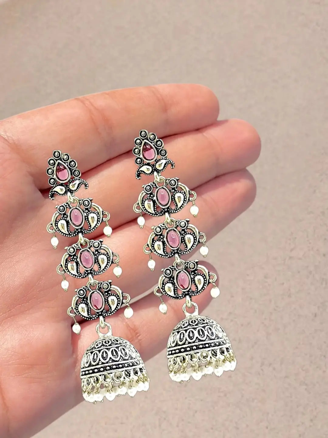 Silver Oxidised Pastel Pink Lyered Long Jhumka Earrings