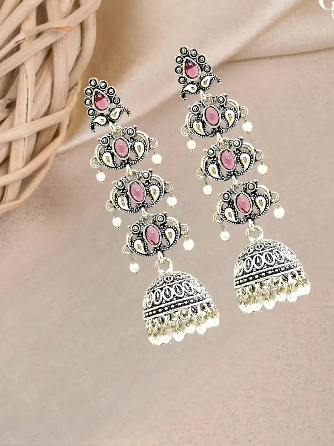 Silver Oxidised Pastel Pink Lyered Long Jhumka Earrings