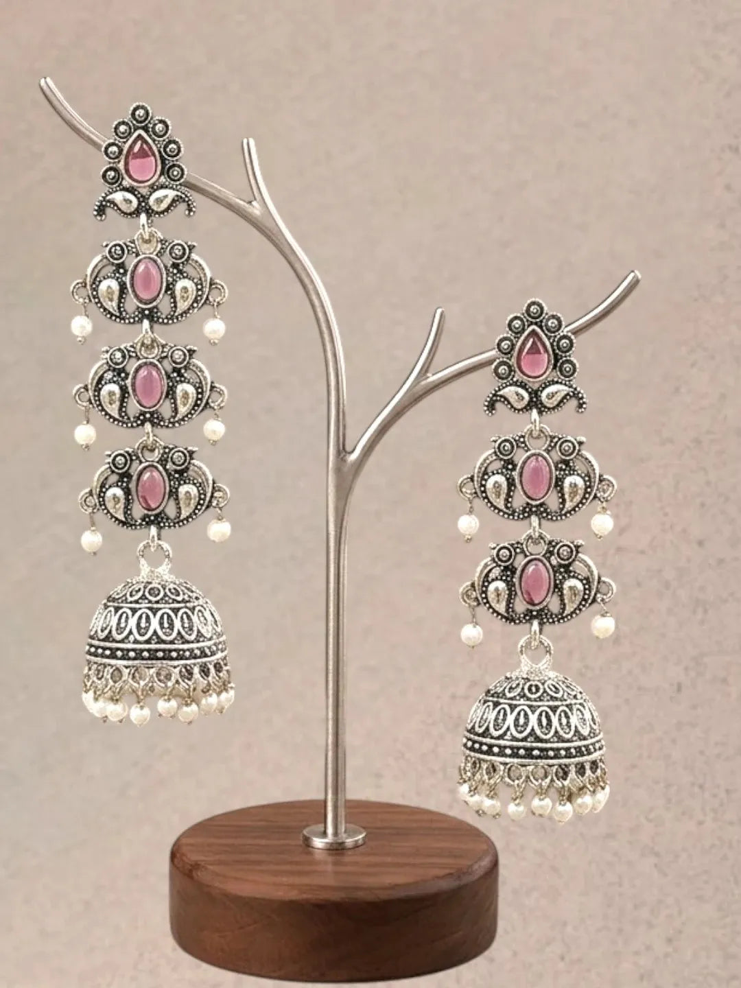 Silver Oxidised Pastel Pink Lyered Long Jhumka Earrings