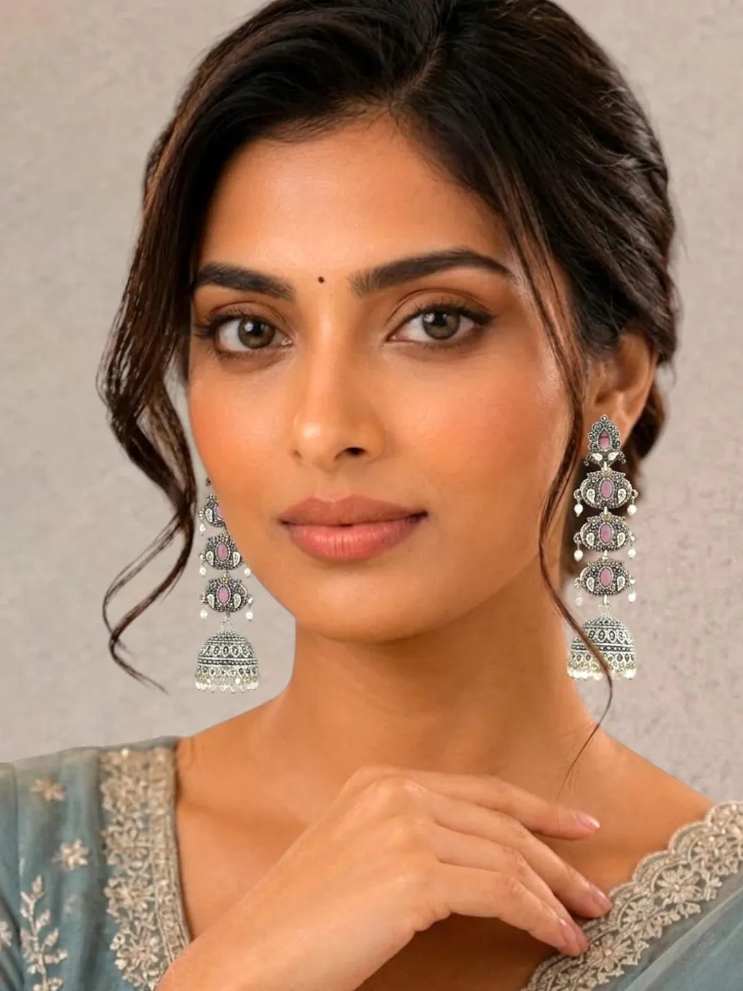 Silver Oxidised Pastel Pink Lyered Long Jhumka Earrings