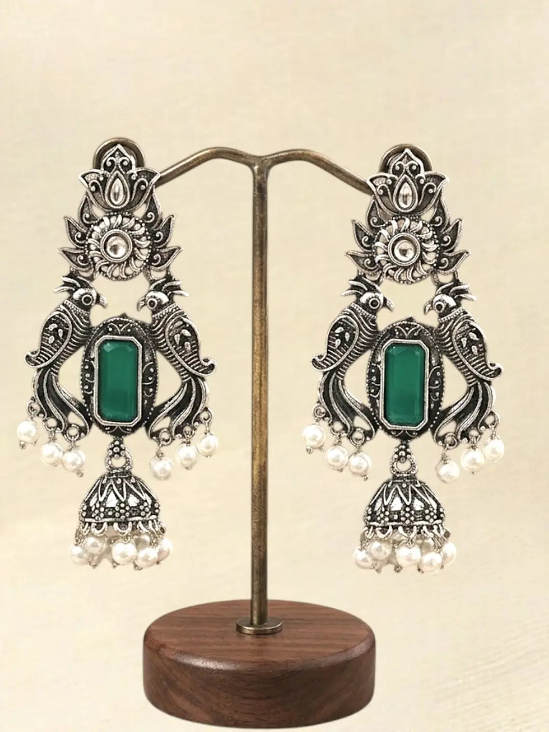 Silver Oxidised Peacock Motif Green Jhumka Earrings