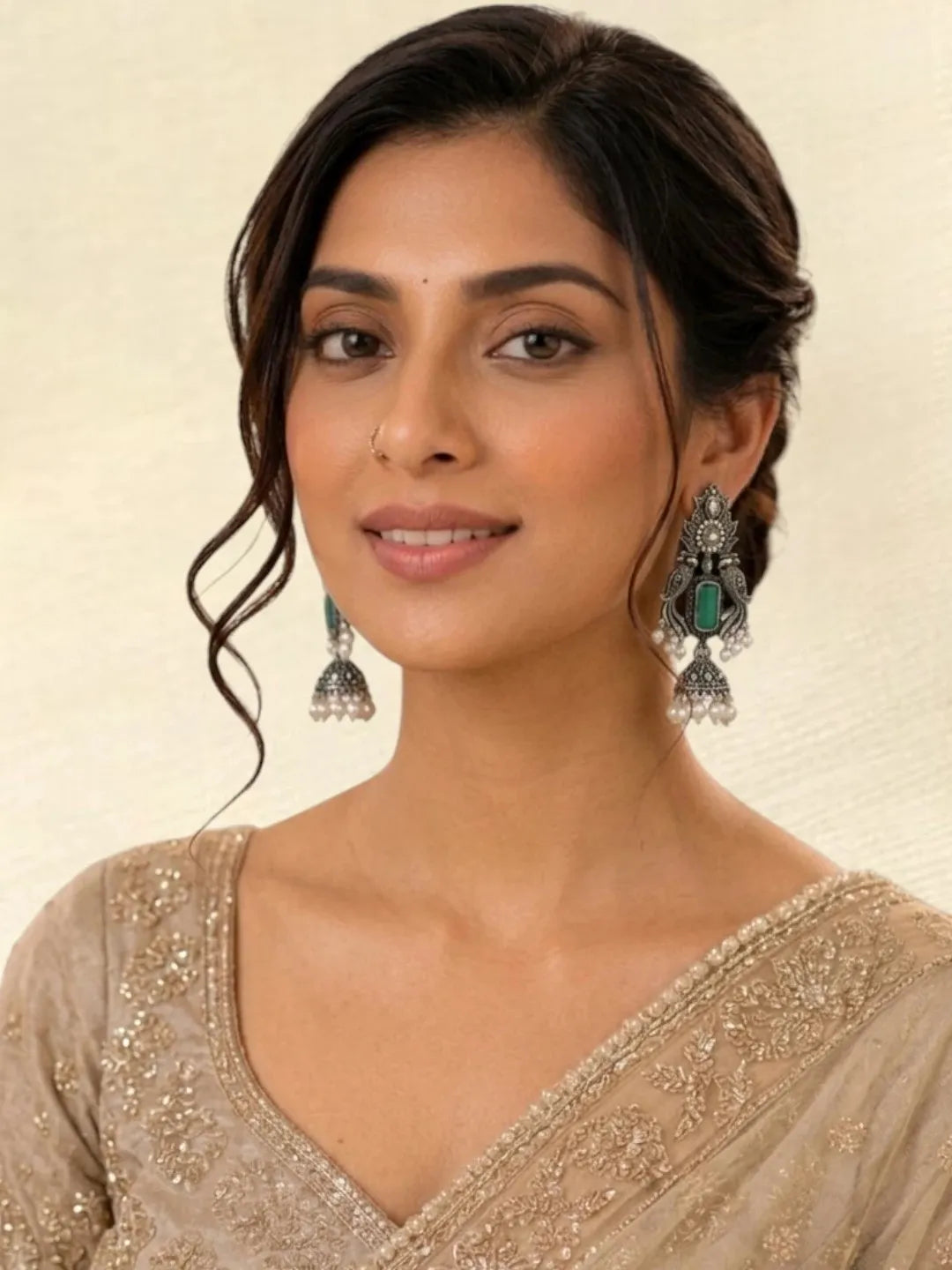 Silver Oxidised Peacock Motif Green Jhumka Earrings