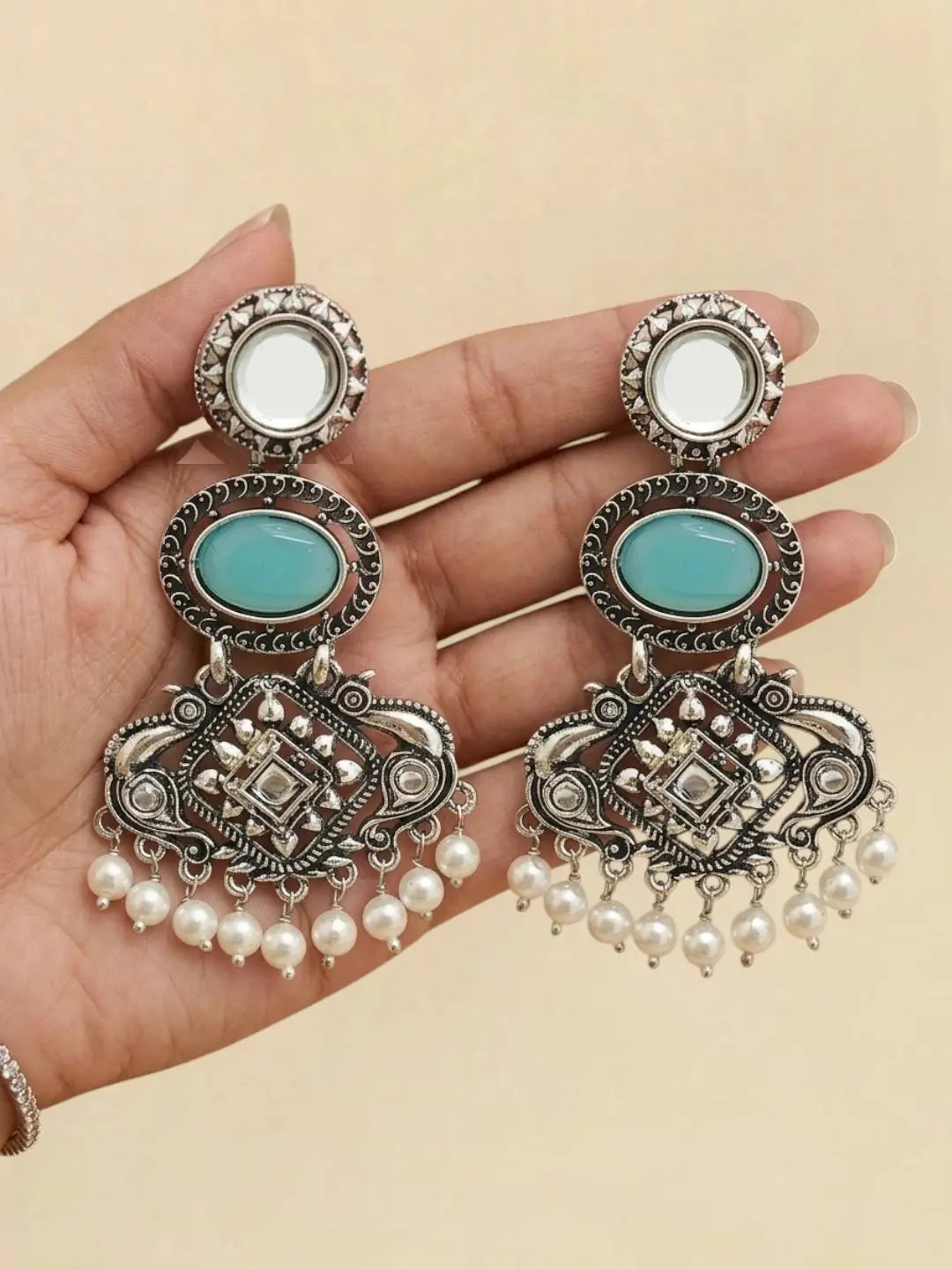 Silver Oxidised Kundan Turquoise Blue Long Earrings