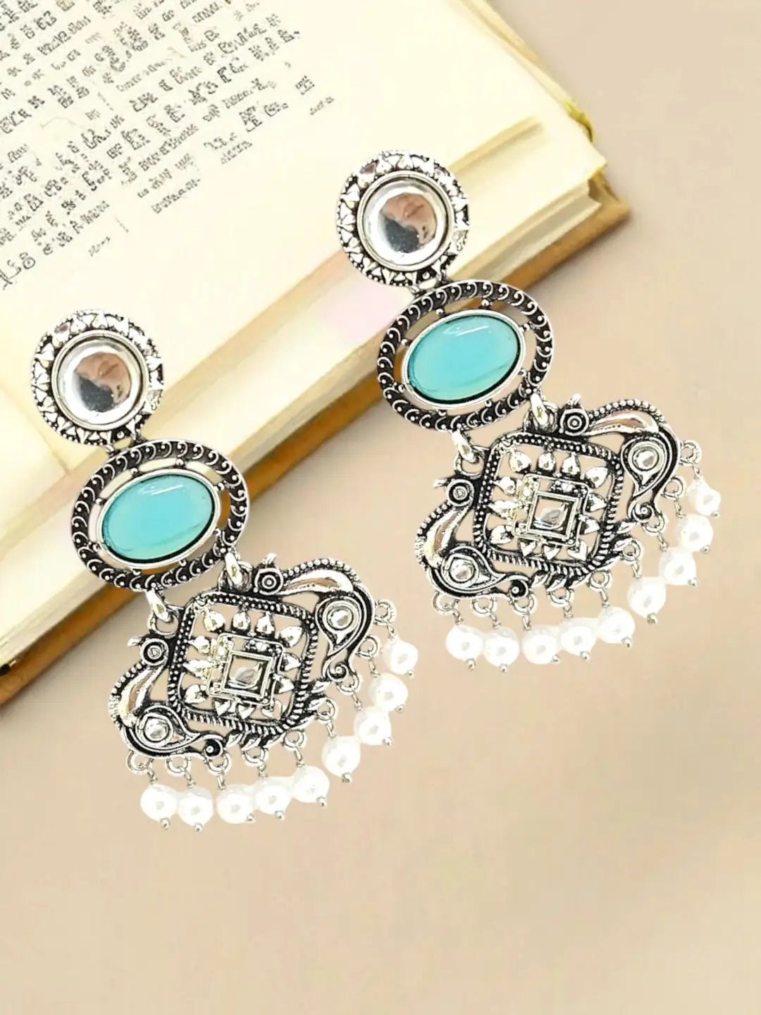 Silver Oxidised Kundan Turquoise Blue Long Earrings