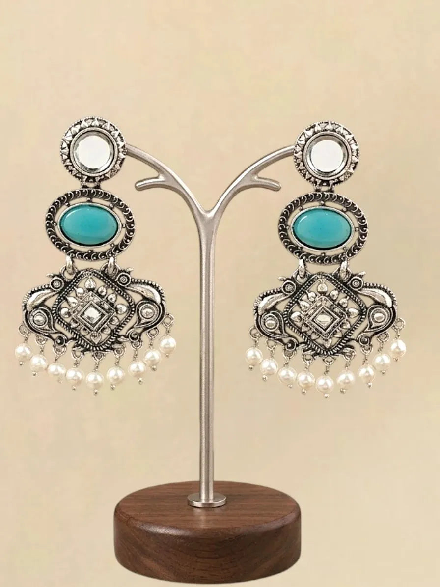 Silver Oxidised Kundan Turquoise Blue Long Earrings