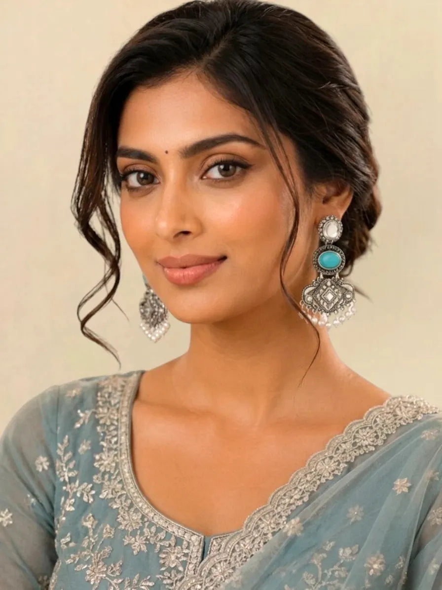 Silver Oxidised Kundan Turquoise Blue Long Earrings