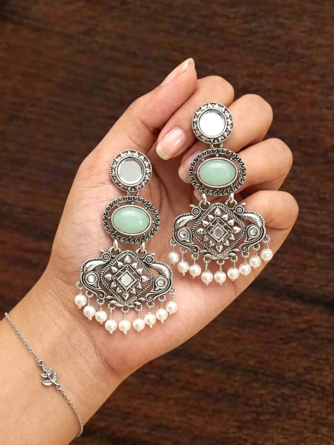 Silver Oxidised Kundan Mint Green Long Earrings