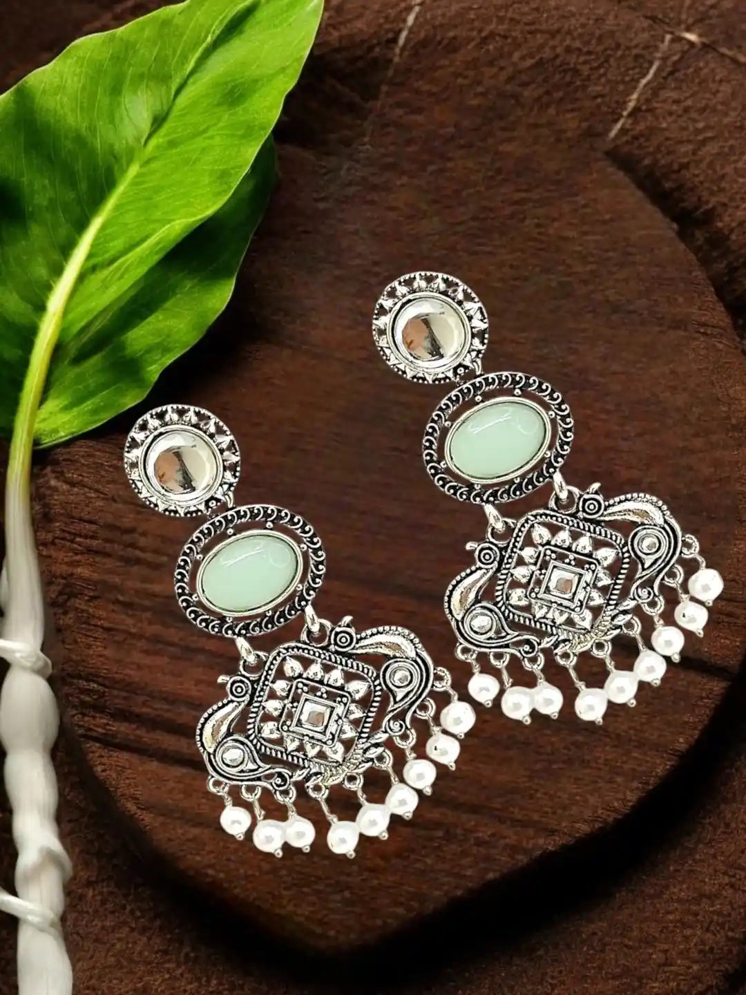 Silver Oxidised Kundan Mint Green Long Earrings