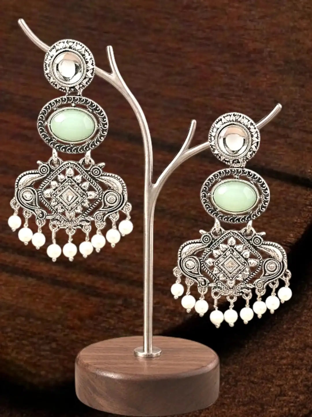 Silver Oxidised Kundan Mint Green Long Earrings