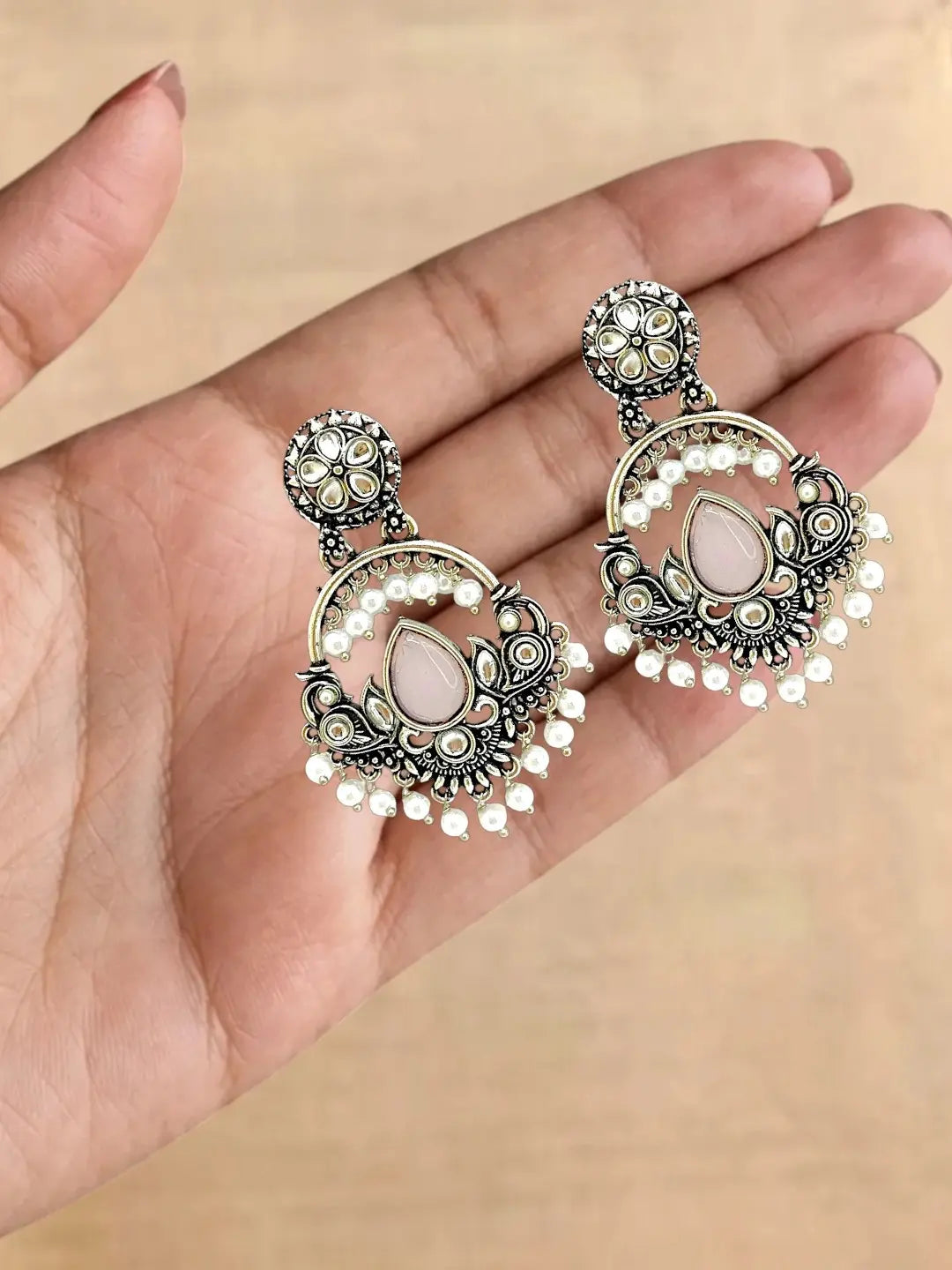 Silver Oxidised Kundan Pastal Pink Chandbali Earrings