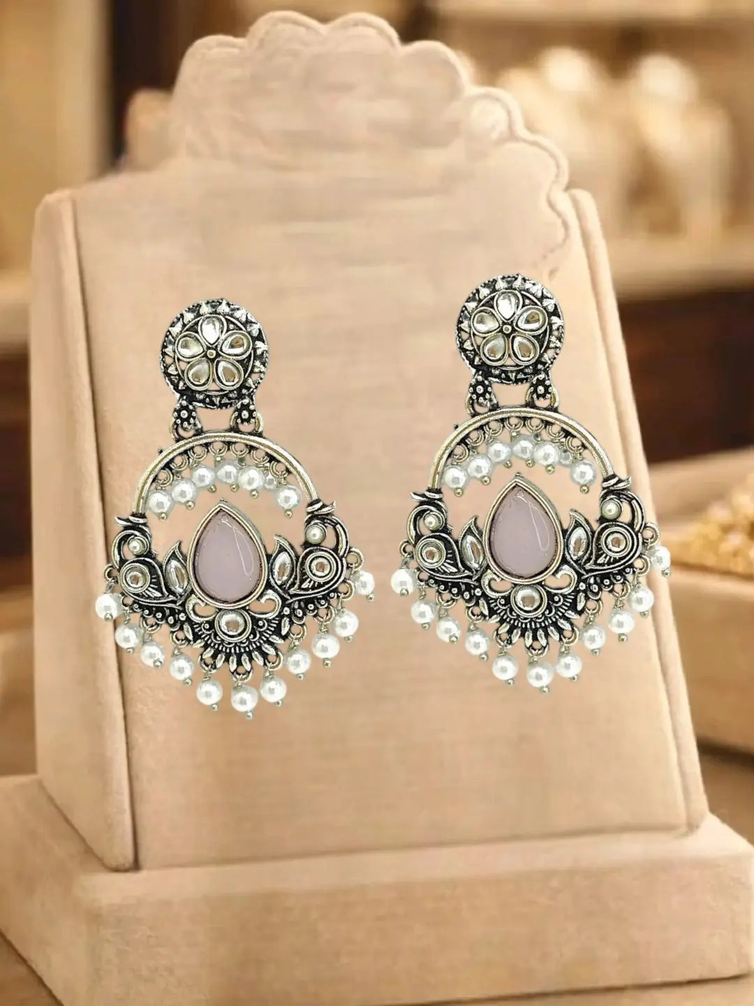 Silver Oxidised Kundan Pastal Pink Chandbali Earrings