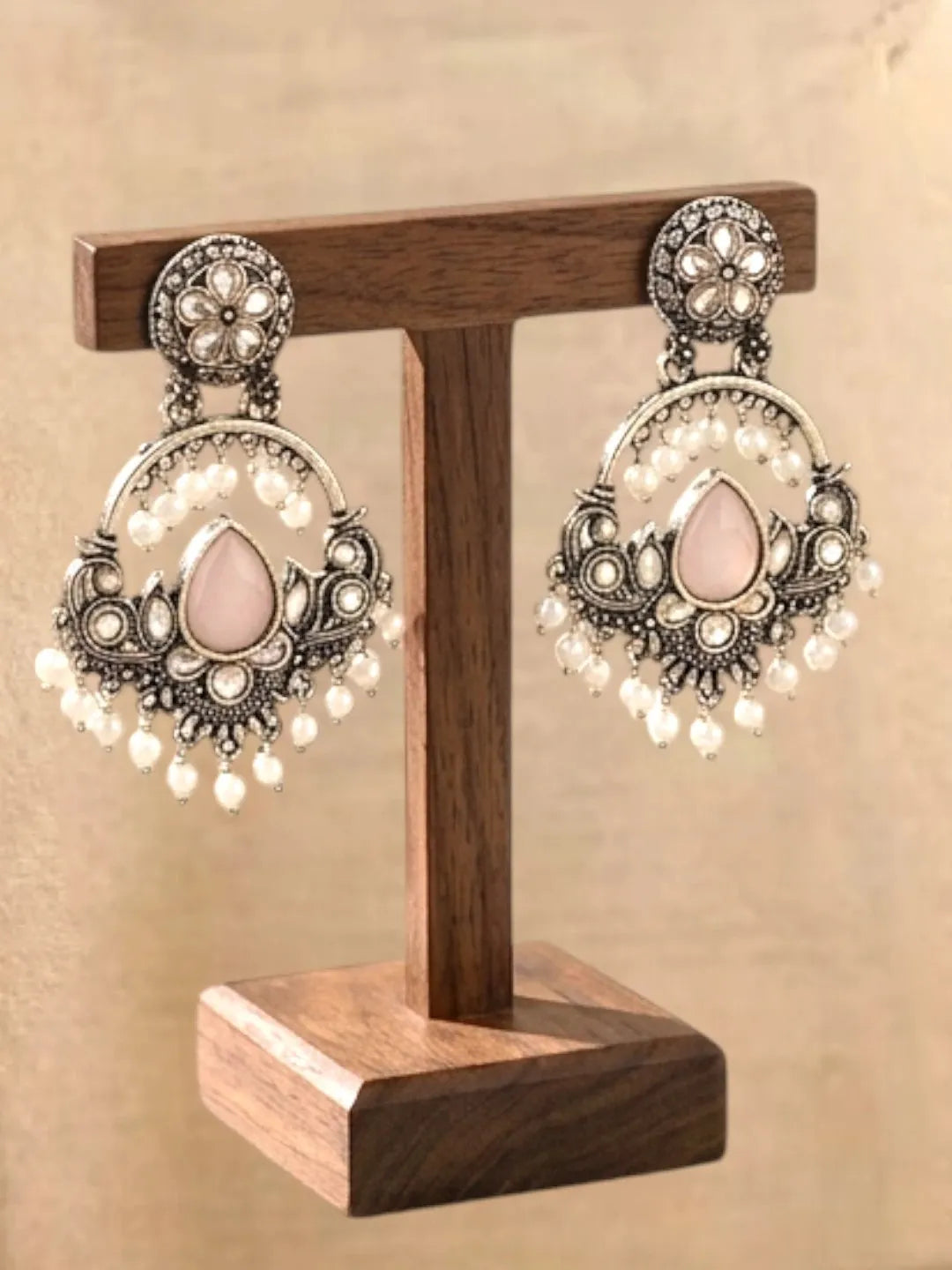 Silver Oxidised Kundan Pastal Pink Chandbali Earrings