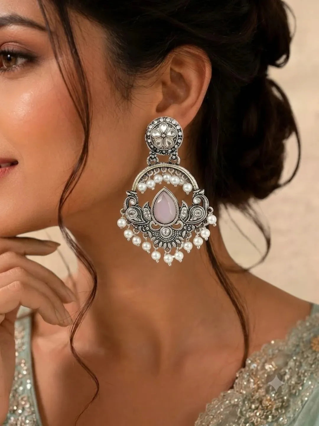 Silver Oxidised Kundan Pastal Pink Chandbali Earrings