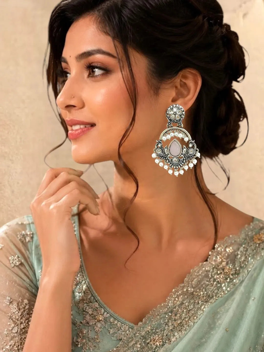 Silver Oxidised Kundan Pastal Pink Chandbali Earrings