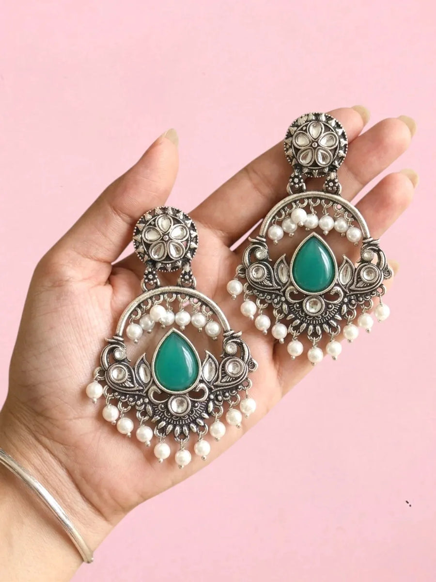 Silver Oxidised Kundan Green Chandbali Earrings