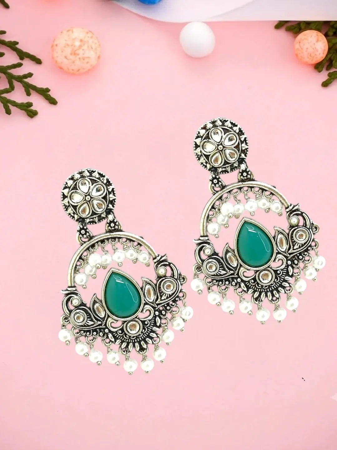 Silver Oxidised Kundan Green Chandbali Earrings