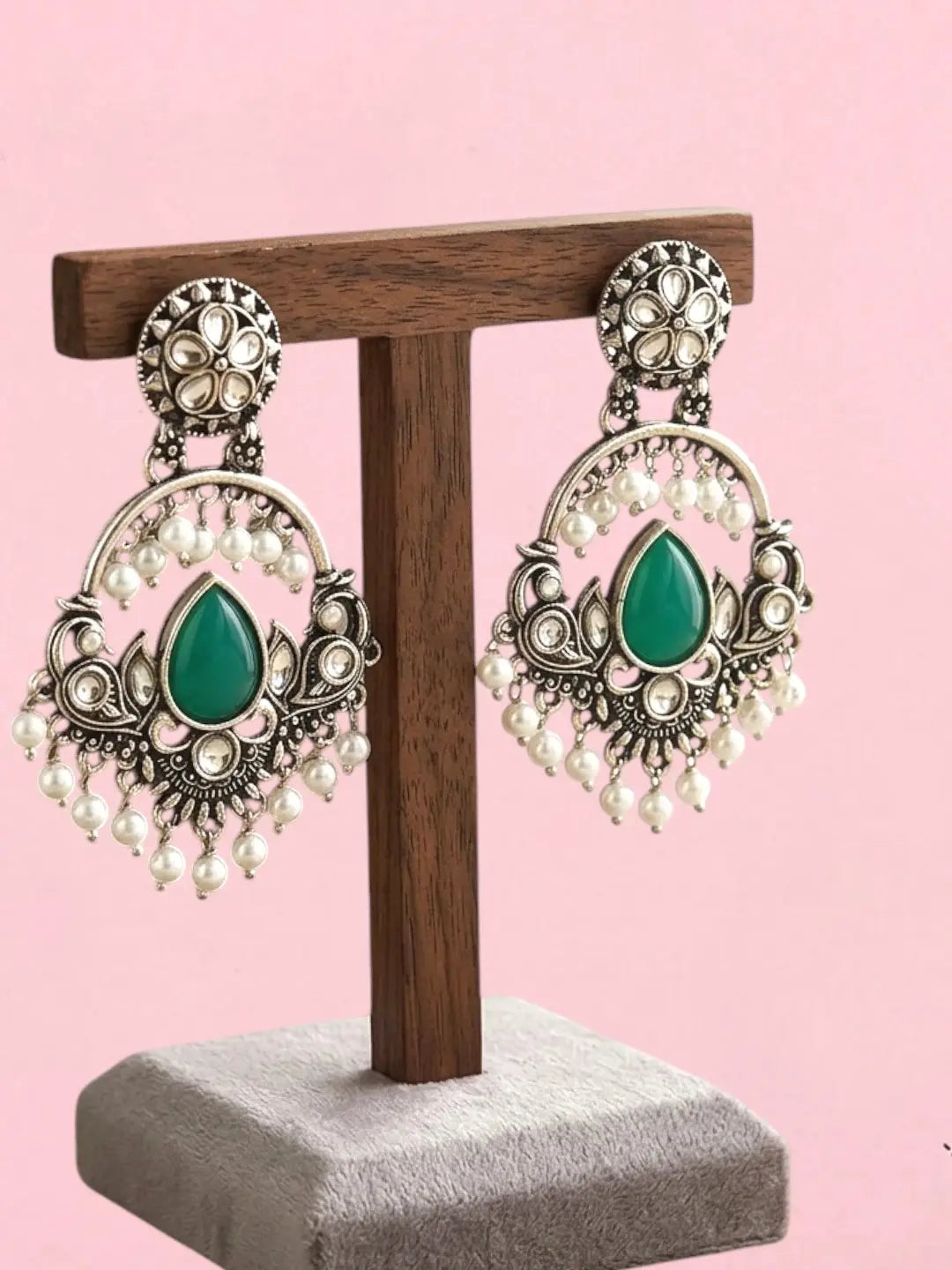 Silver Oxidised Kundan Green Chandbali Earrings