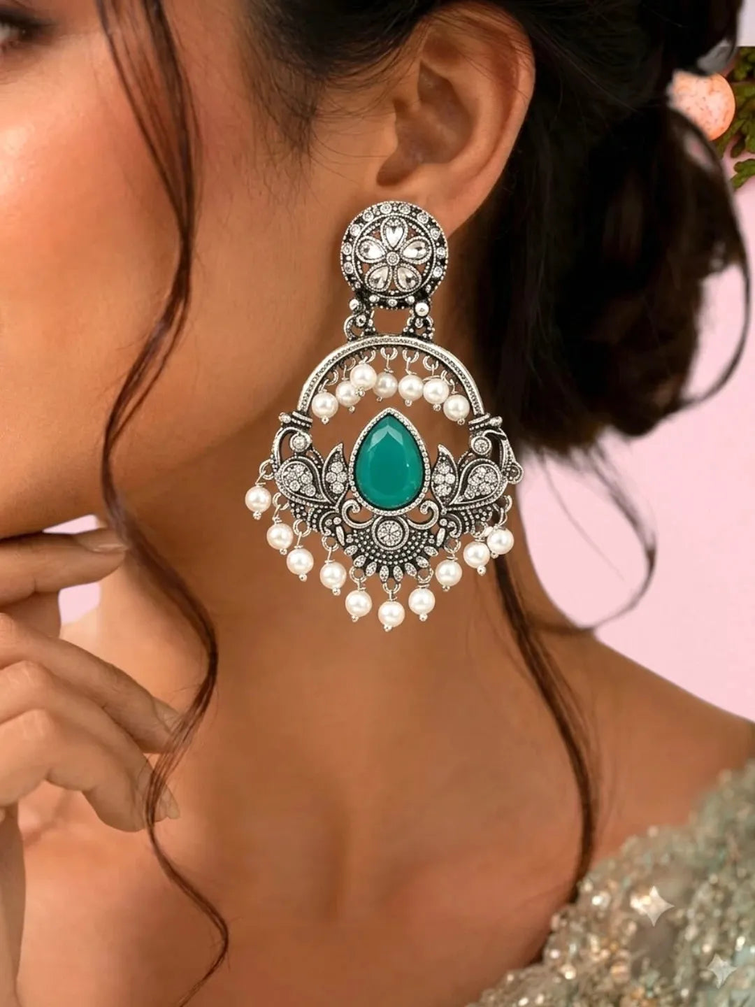 Silver Oxidised Kundan Green Chandbali Earrings