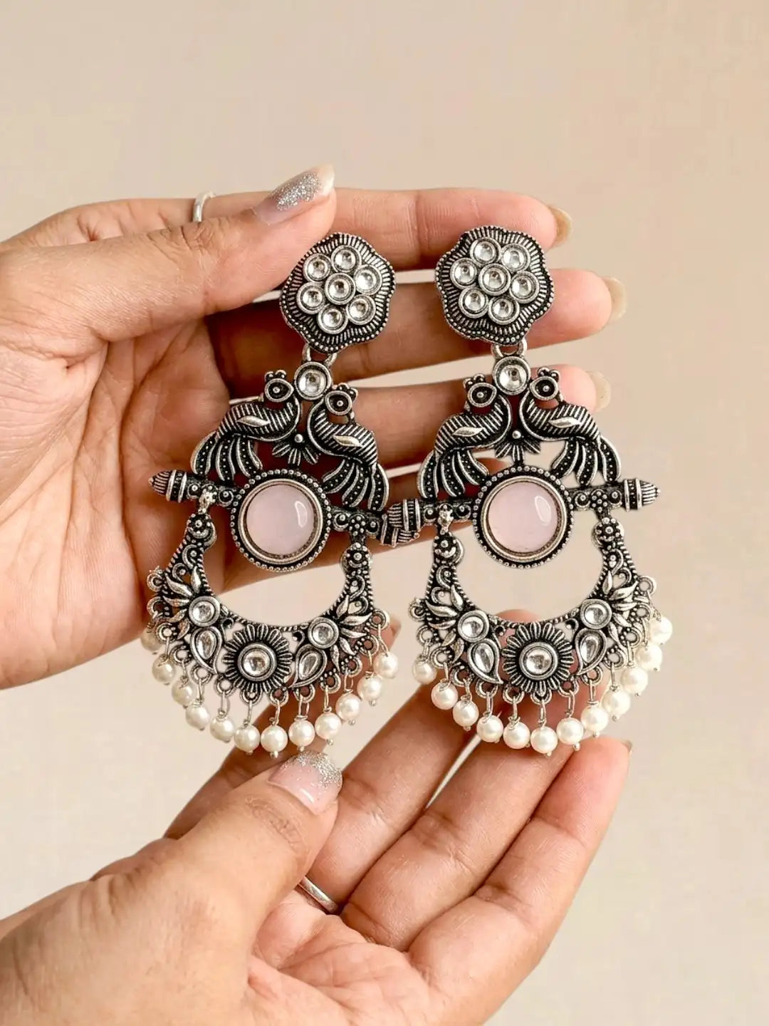 Silver Oxidised Peacock Motif Pink Chandbali Earrings