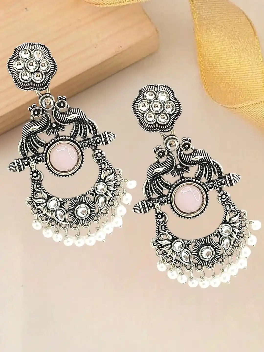 Silver Oxidised Peacock Motif Pink Chandbali Earrings