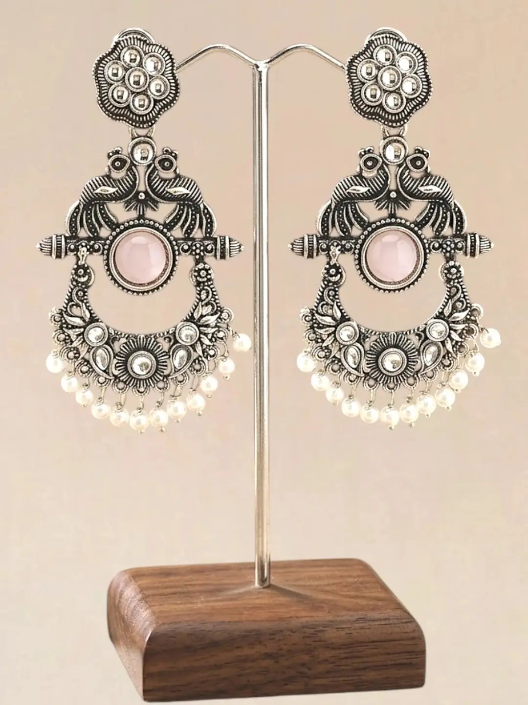 Silver Oxidised Peacock Motif Pink Chandbali Earrings