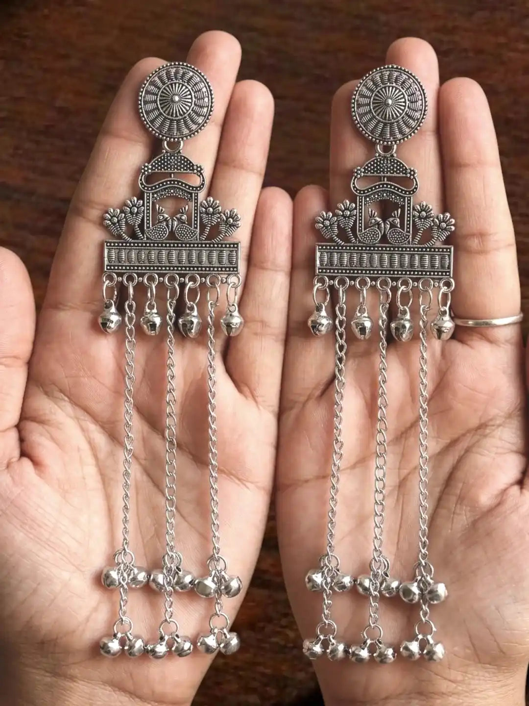 Silver Oxidized Peacock Kashmiri Long Earrings