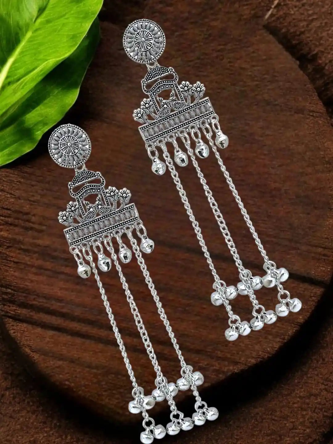 Silver Oxidized Peacock Kashmiri Long Earrings