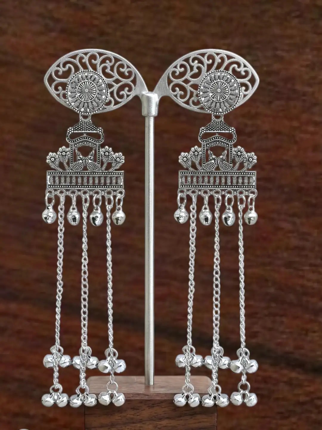 Silver Oxidized Peacock Kashmiri Long Earrings