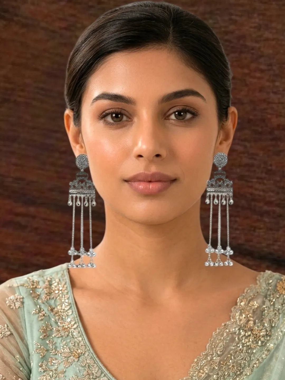 Silver Oxidized Peacock Kashmiri Long Earrings