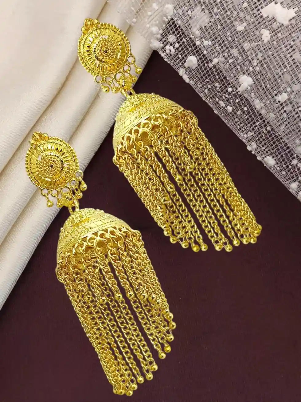 Gold Plated Tassel Long Jhumka Earrings