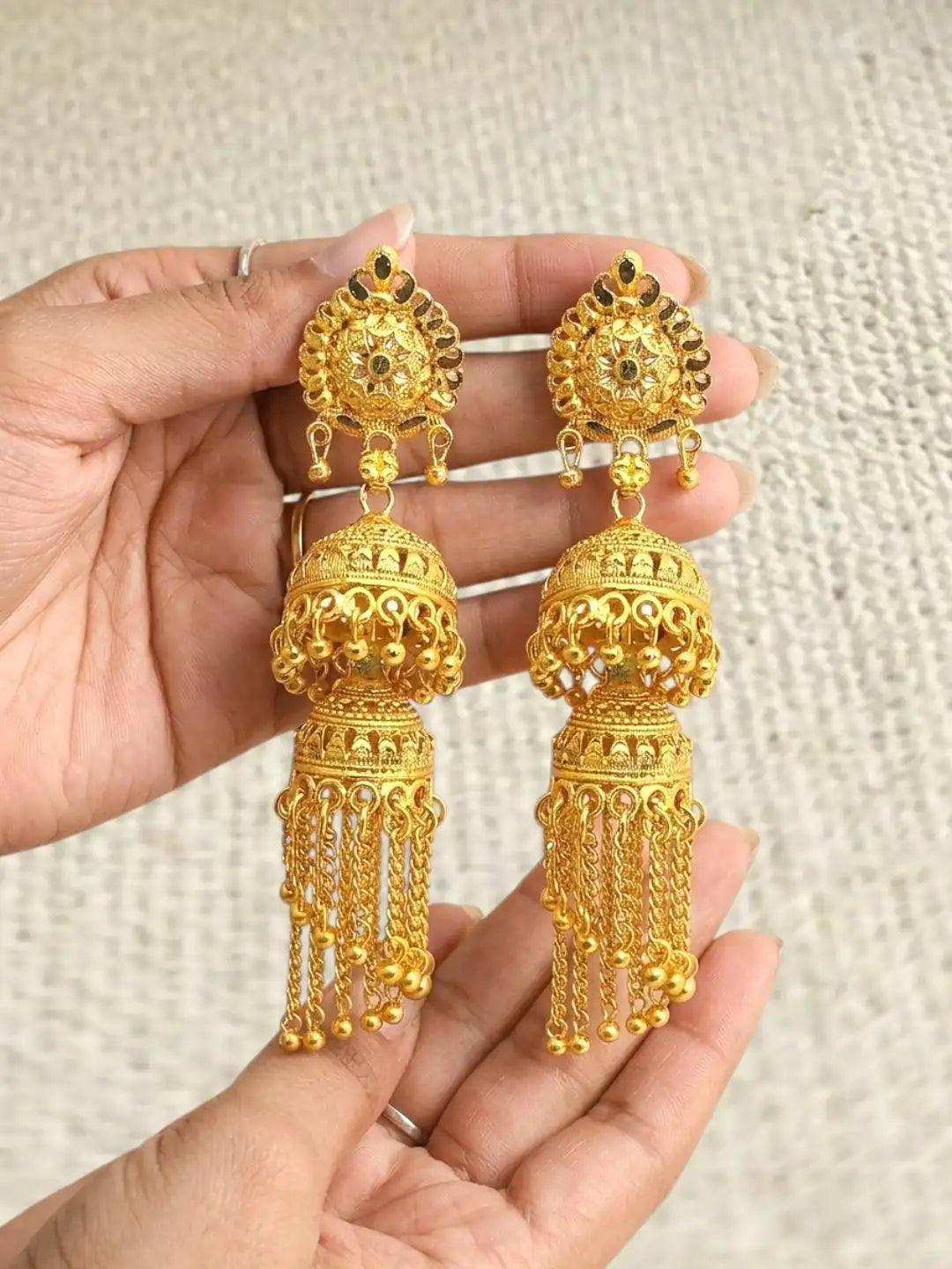 Gold Plated Double Layered Umbrella Jhumka Earrings