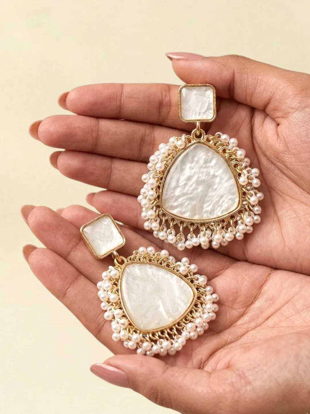 Gold Plated Triangle Shape White Earrings