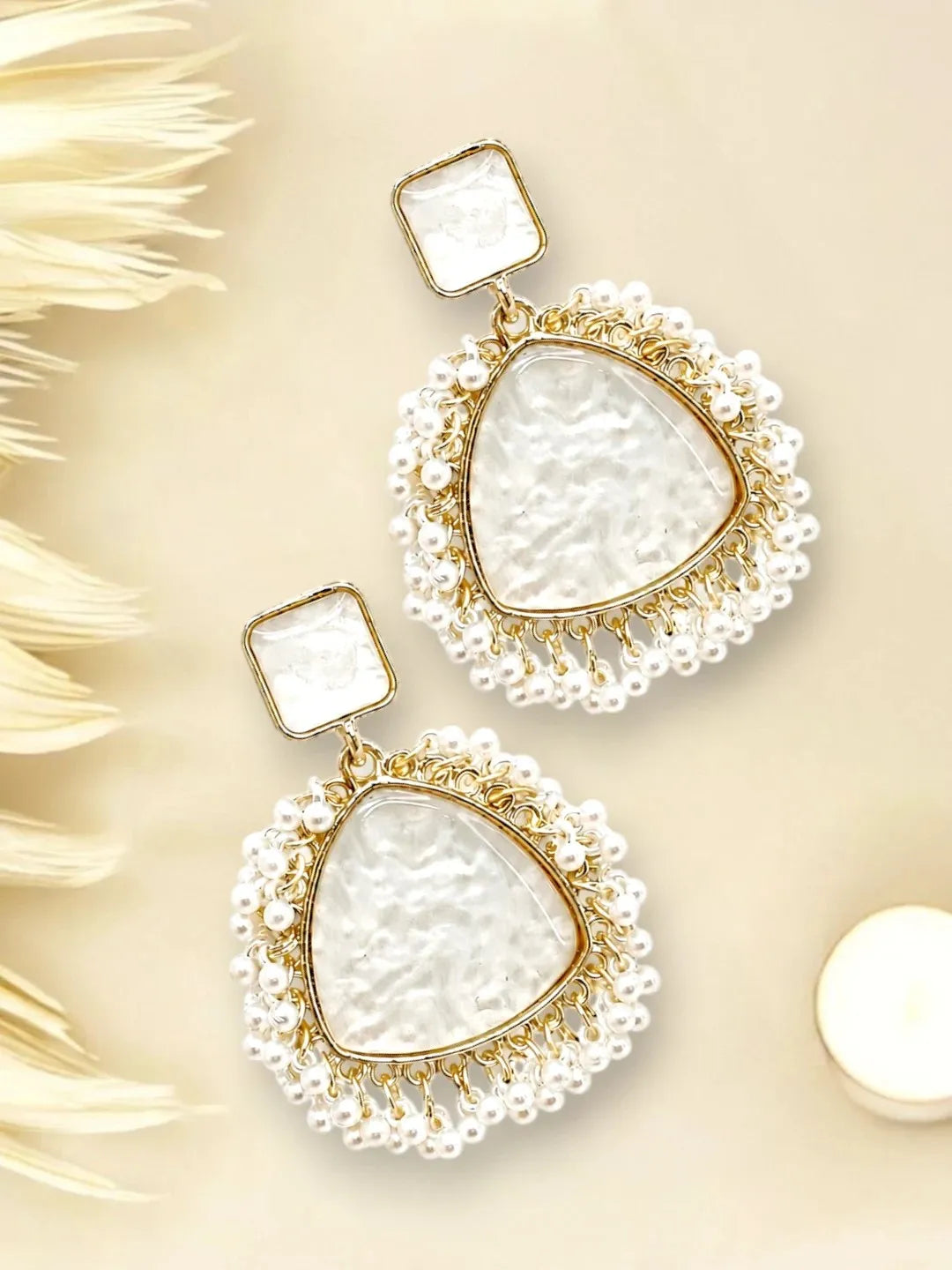 Gold Plated Triangle Shape White Earrings