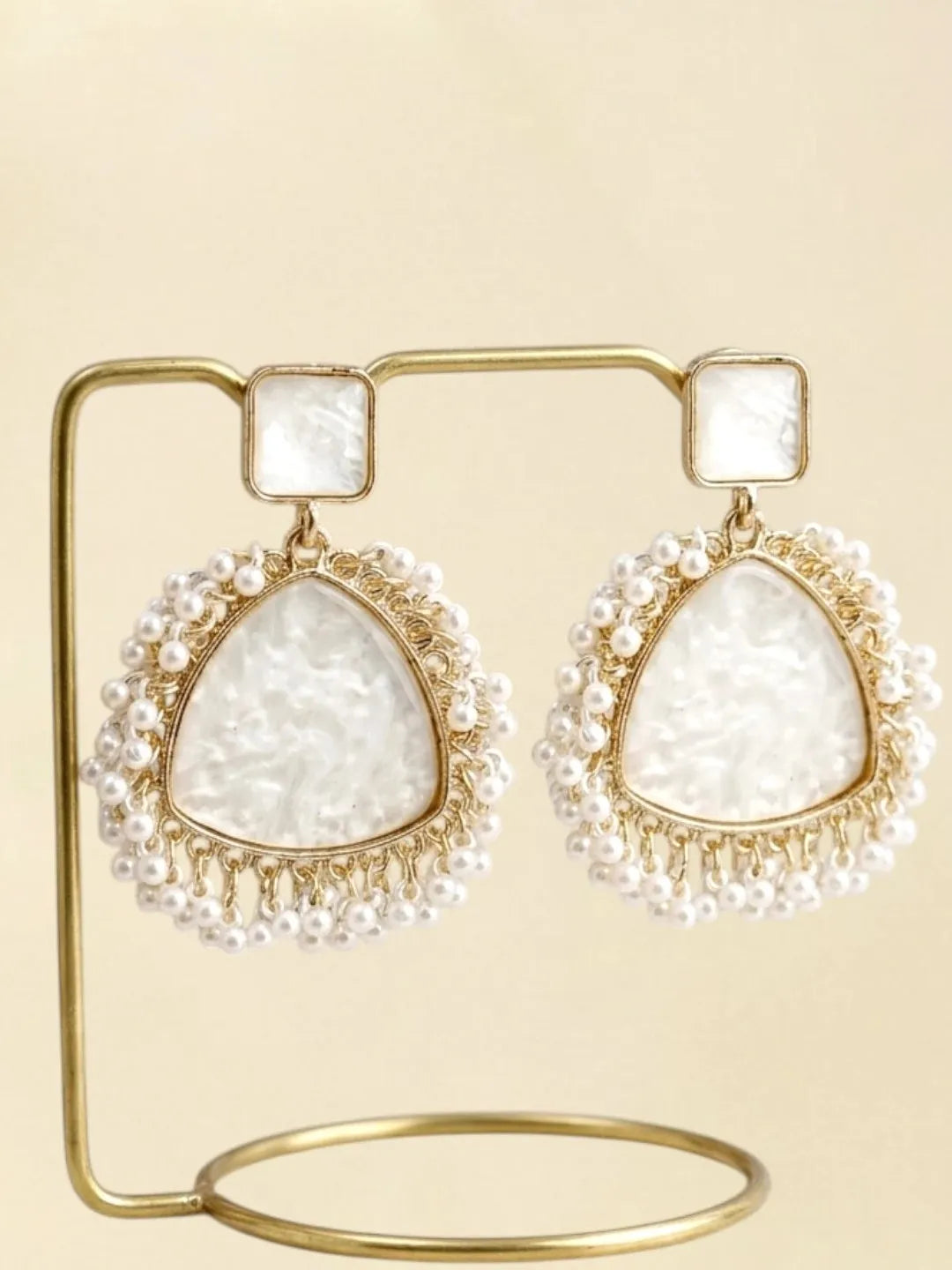 Gold Plated Triangle Shape White Earrings