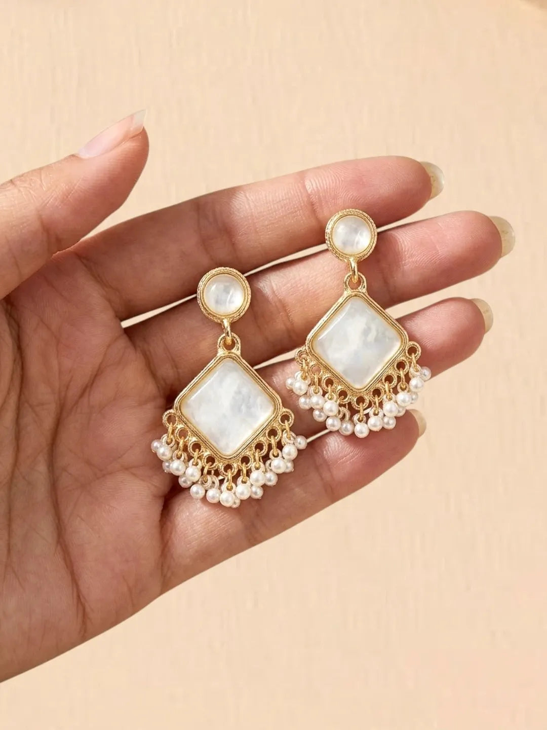 Gold Plated Square Shape White Earrings