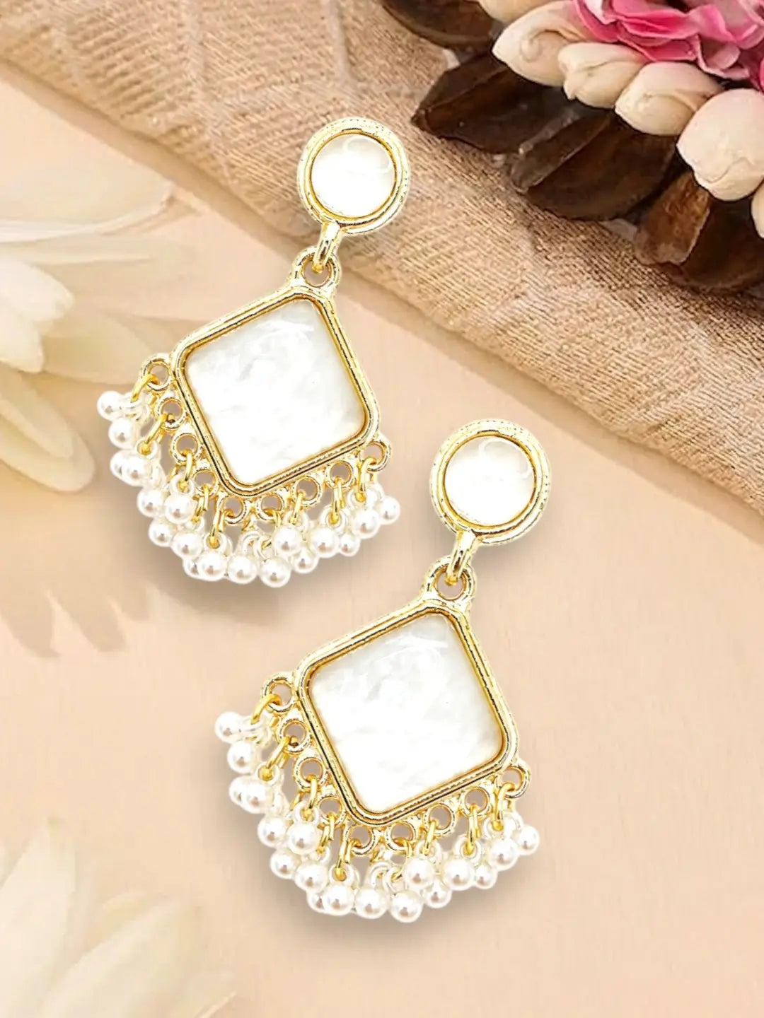 Gold Plated Square Shape White Earrings