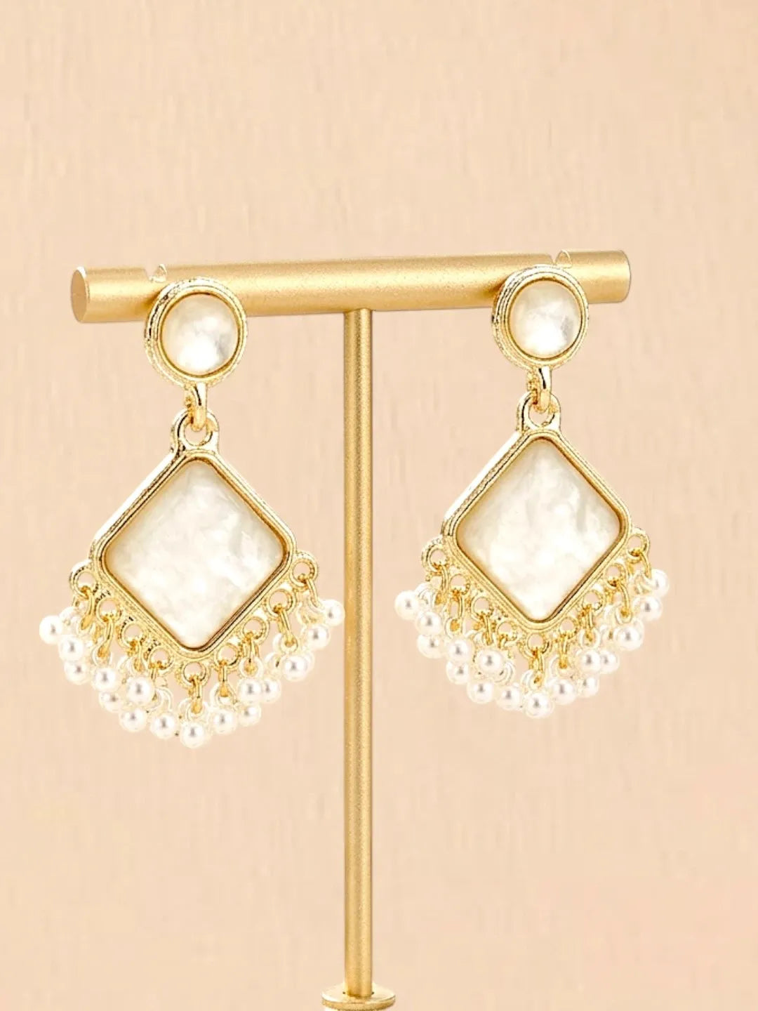 Gold Plated Square Shape White Earrings