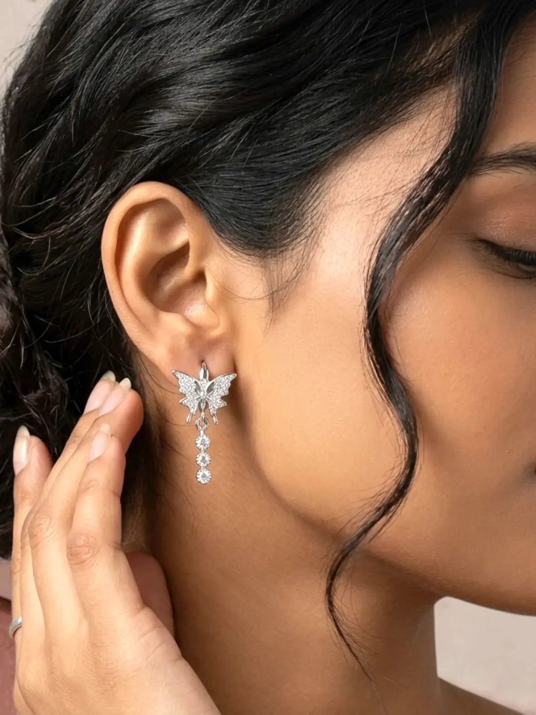 Silver Plated CZ Butterfly Hoop Earrings