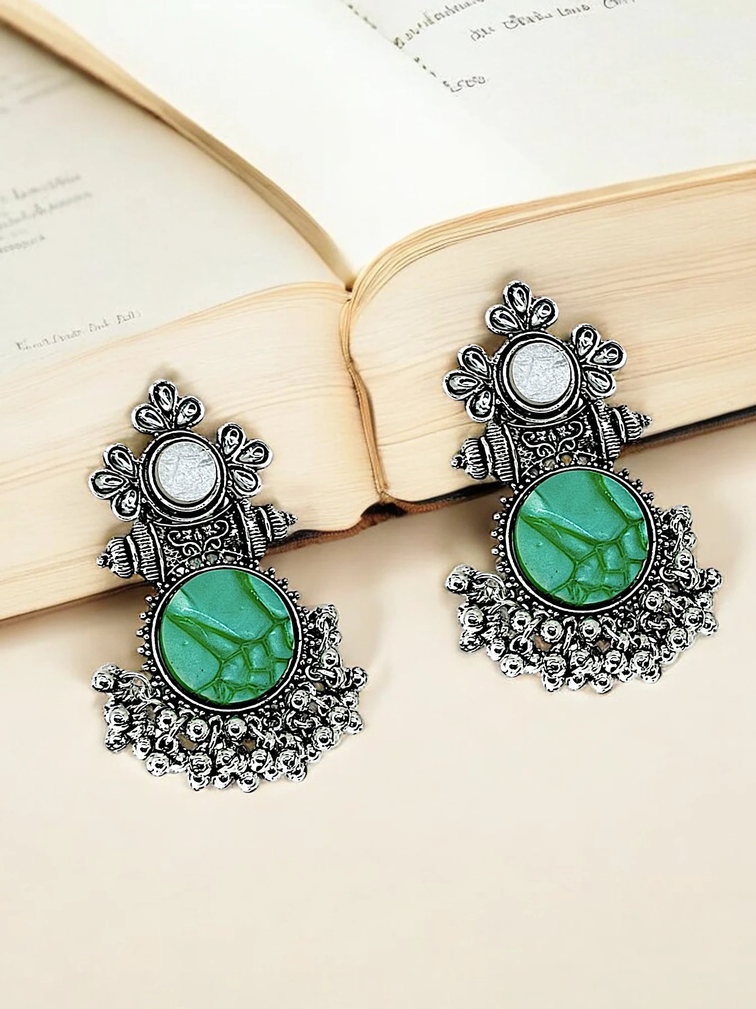 Green Silver Oxidized Drop Earrings