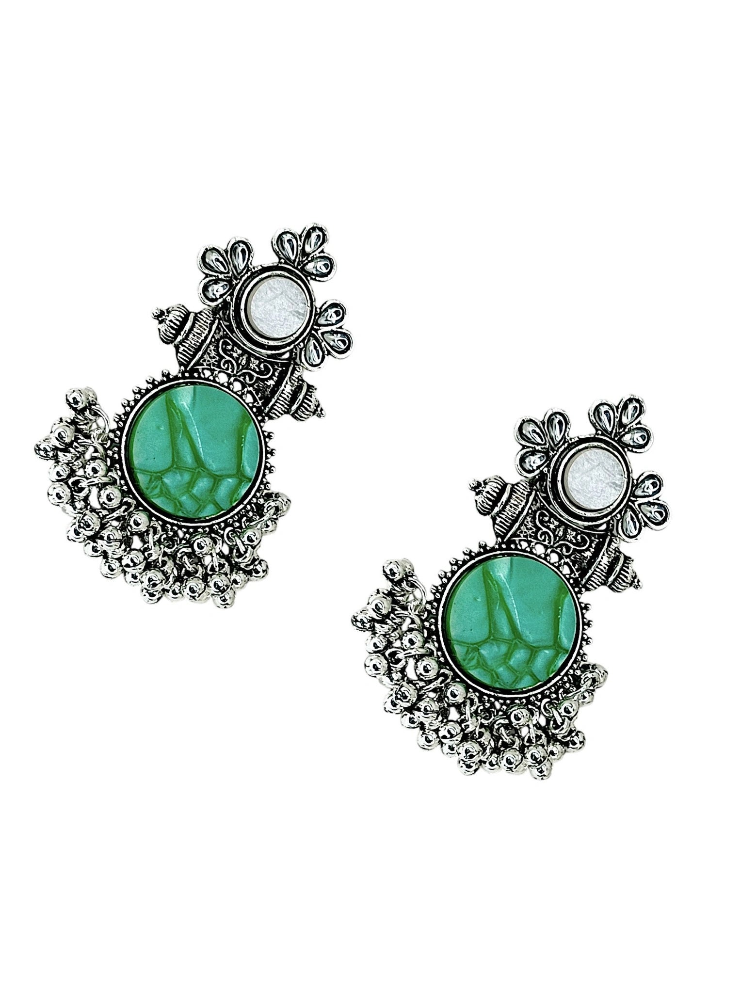 Green Silver Oxidized Drop Earrings