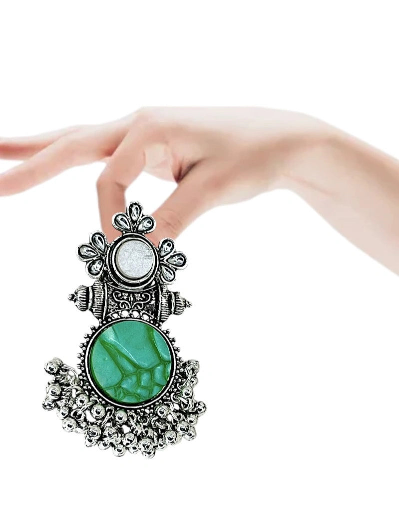 Green Silver Oxidized Drop Earrings