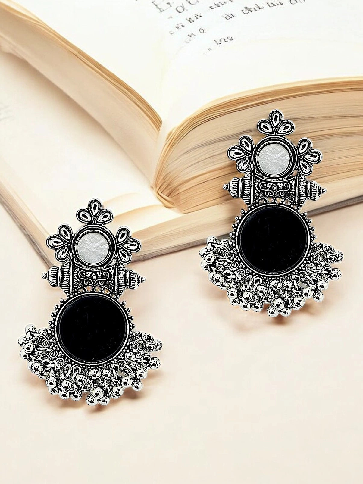 Black Silver Oxidized Circular Drop Earrings