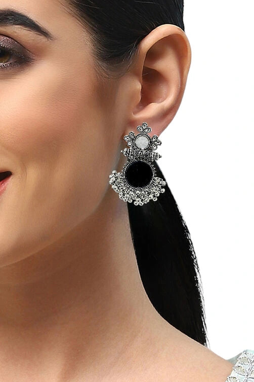 Black Silver Oxidized Circular Drop Earrings