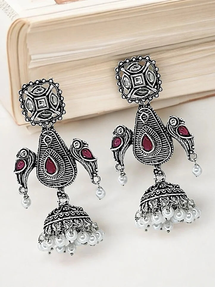 Silver Oxidized Parrot Drop Earrings