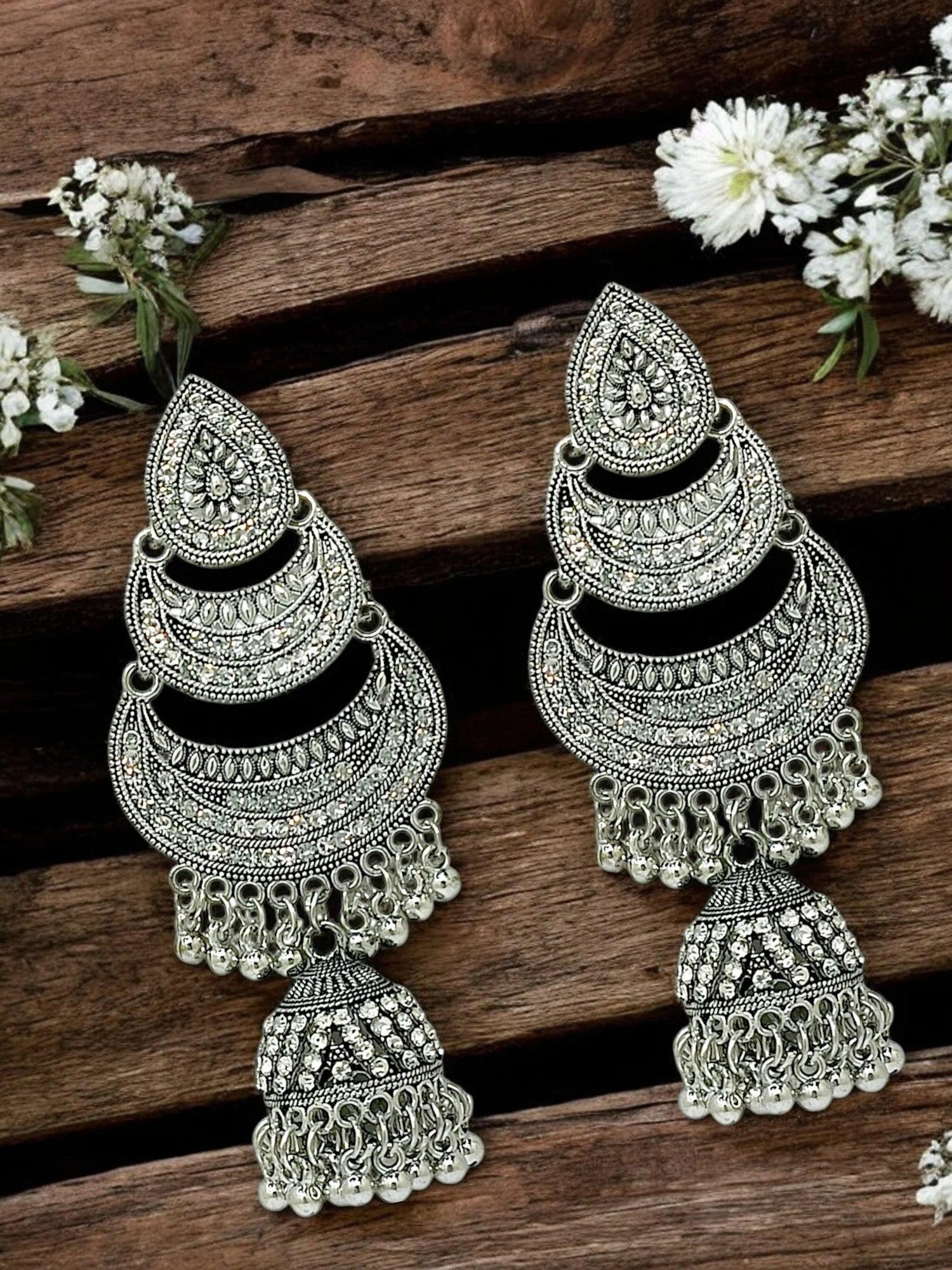 Silver Oxidized Chandbali Drop Earrings