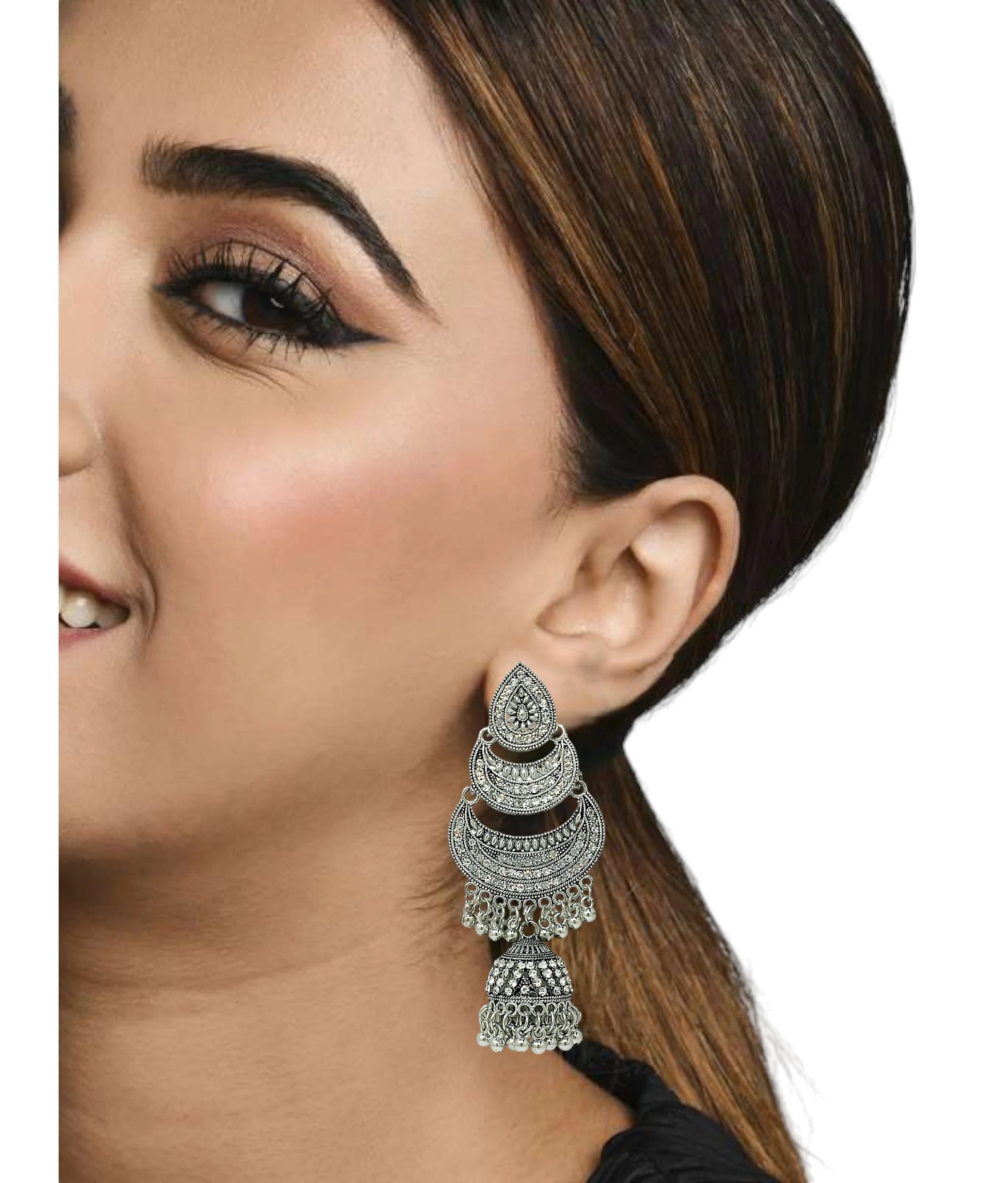 Silver Oxidized Chandbali Drop Earrings
